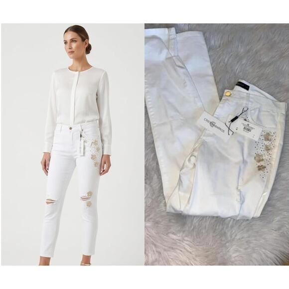 cristina barros Denim - Cristina Barros Women's White Floral Embroidery Jeans - Straight Leg Cotton